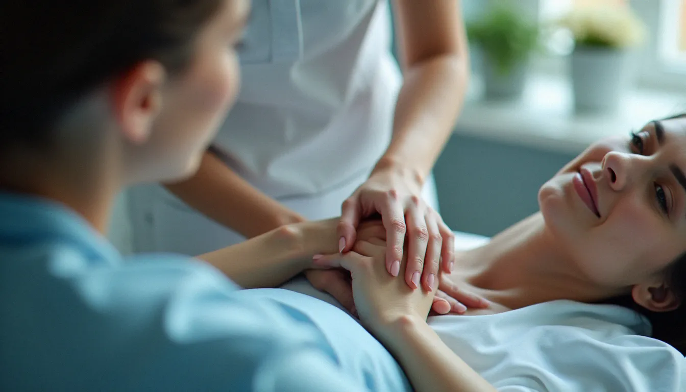 Infirmière tenant la main d'une patiente pendant une procédure médicale dans un établissement de santé français, geste de soutien et d'humanité soignante