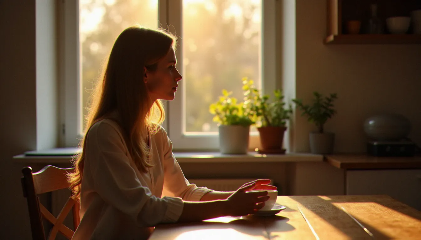 Femme seule à une table de cuisine baignée de lumière matinale, tenant une tasse de thé, dans une posture de réflexion et de récupération émotionnelle après une épreuve médicale