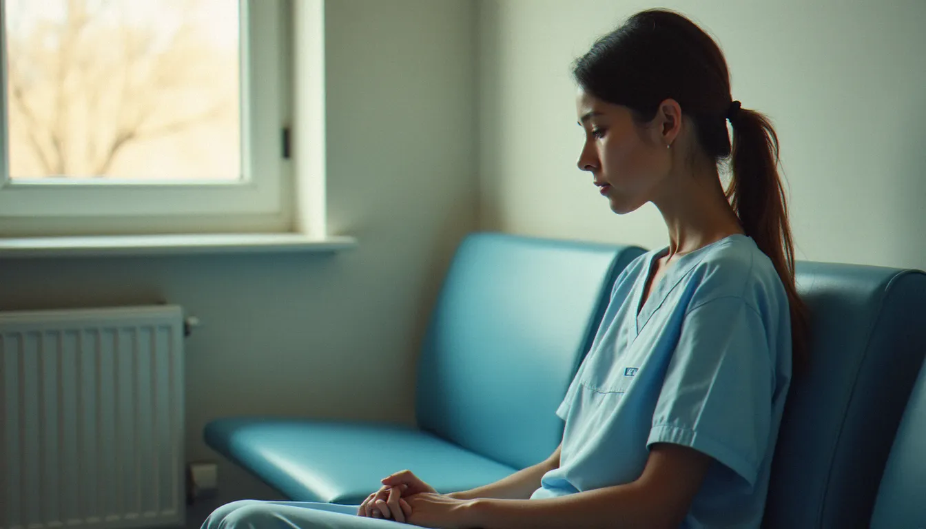 Femme assise dans une salle d'attente hospitalière française avant une IVG chirurgicale de 20 minutes, regard introspectif dans un environnement médical apaisé