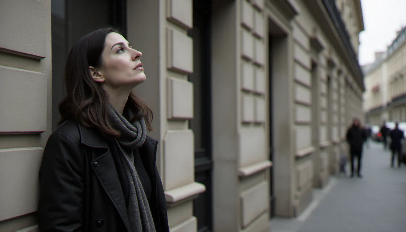 Femme contemplative devant un immeuble haussmannien à Paris, évoquant la mémoire de Jacques de Bascher et l'univers familial d'Anne de Bascher