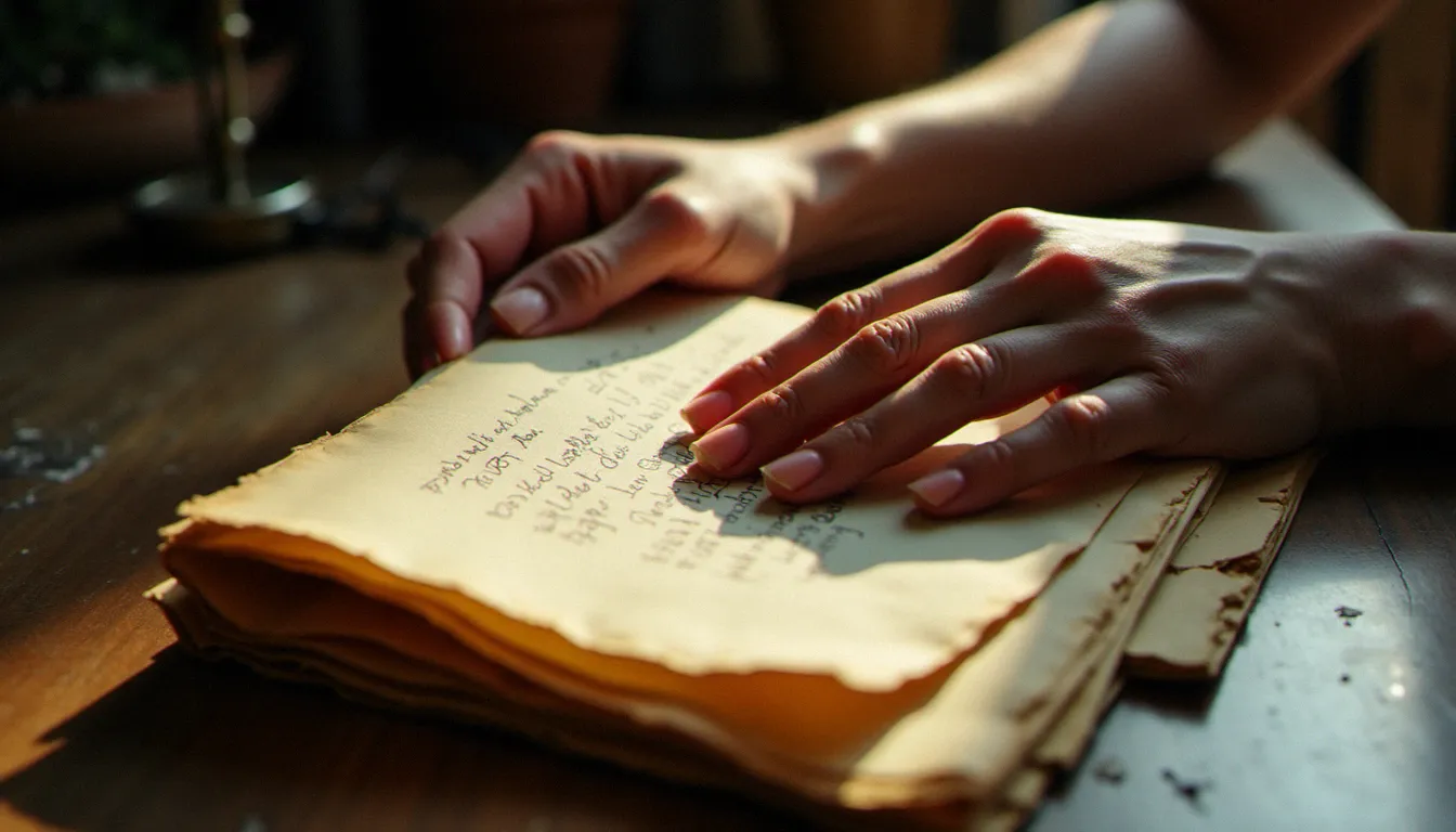 Mains d'une femme tenant délicatement une lettre ancienne sur un bureau en bois, symbole du deuil silencieux et de la mémoire préservée, en écho au chemin de guérison évoqué à travers l'histoire d'Anne de Bascher