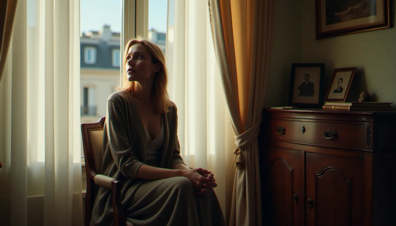 Femme seule et pensive assise près d'une fenêtre dans un appartement parisien, évoquant le silence et la mémoire liés à l'histoire d'Anne de Bascher