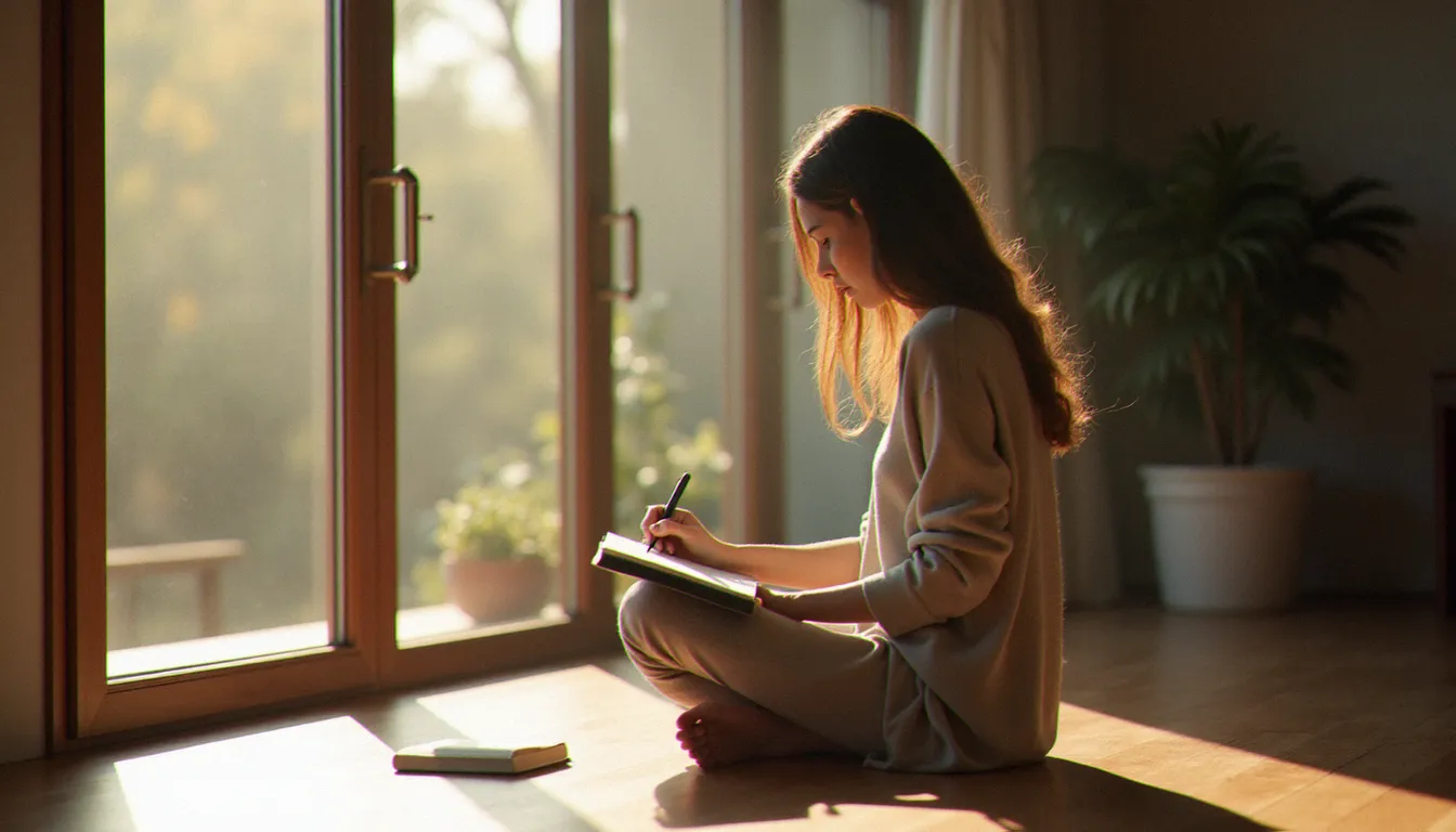 Femme écrivant dans un journal près d'une fenêtre lumineuse, illustrant le processus de reconstruction personnelle et de mise en récit après un avortement