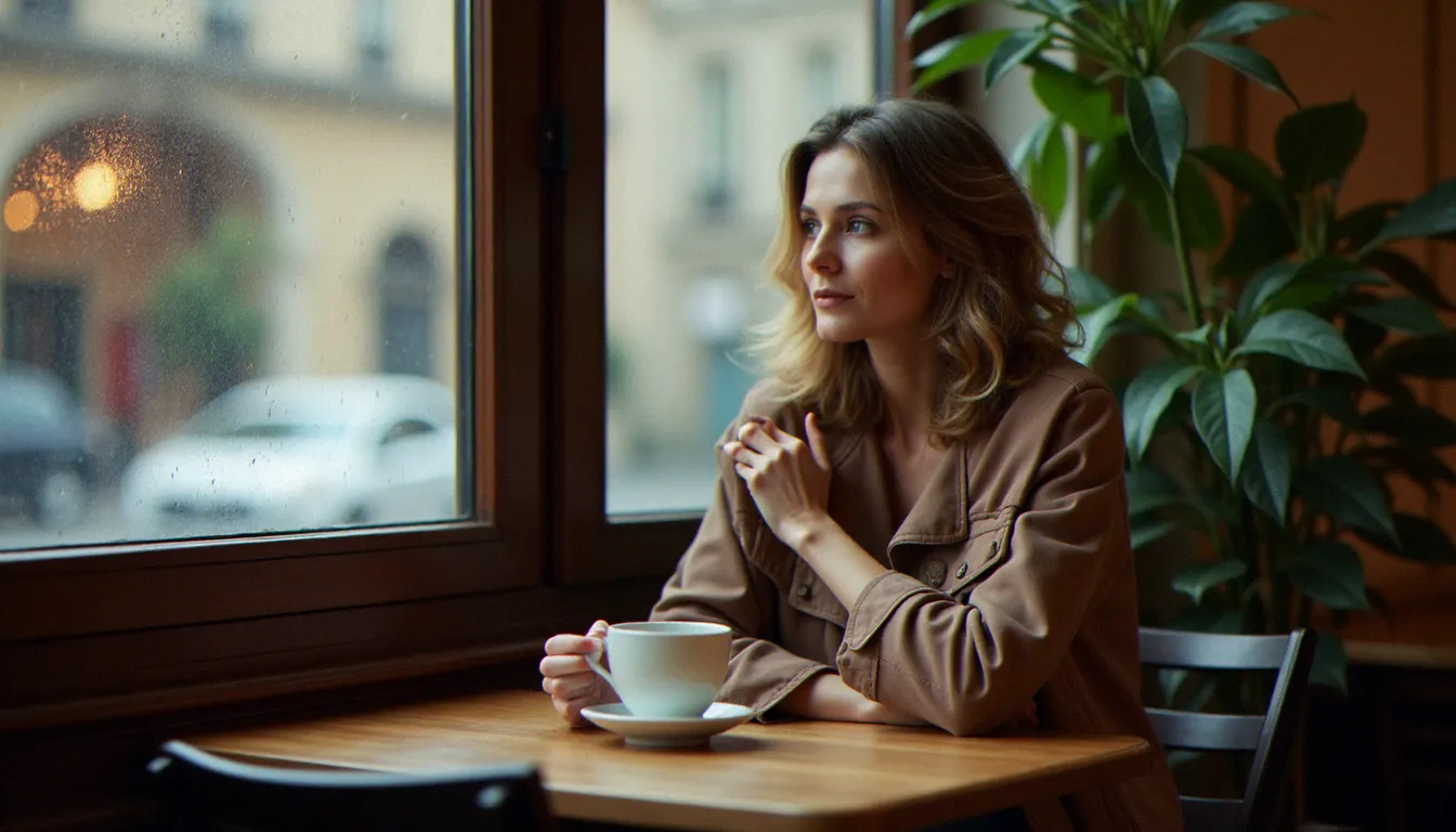 Femme française pensive assise seule dans un café à Lyon, évoquant la réflexion intérieure associée au parcours d'Anne Le Nen