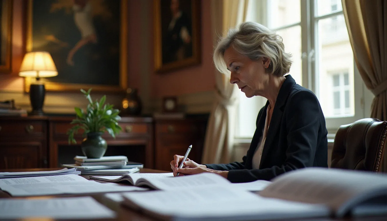 Femme parlementaire analysant des documents législatifs sur les droits reproductifs dans un bureau, illustrant le travail d'engagement d'Annie Le Houérou