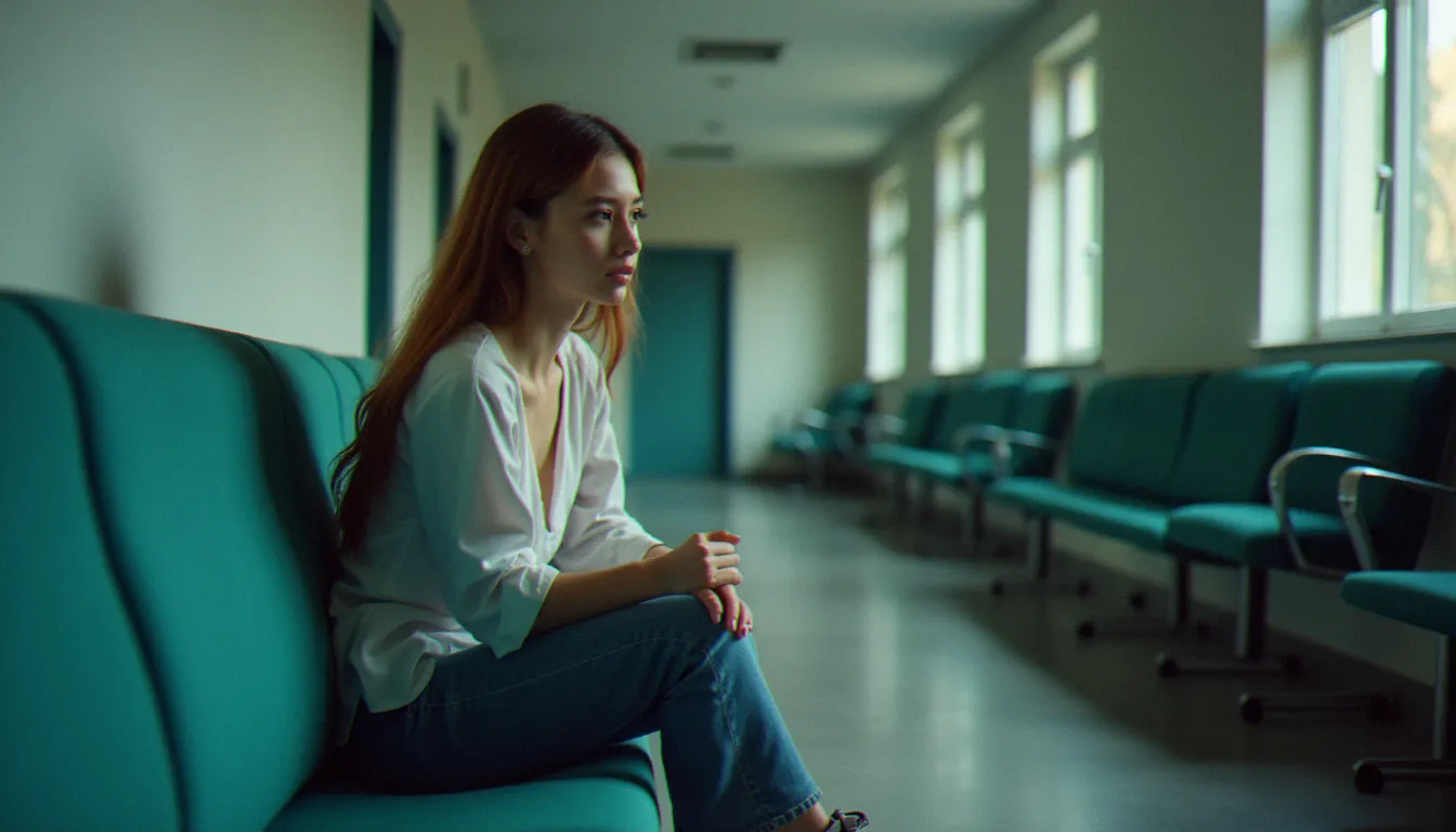 Jeune femme seule dans une salle d'attente médicale, réfléchissant à son parcours après une IVG, illustrant la réalité émotionnelle post-avortement en France