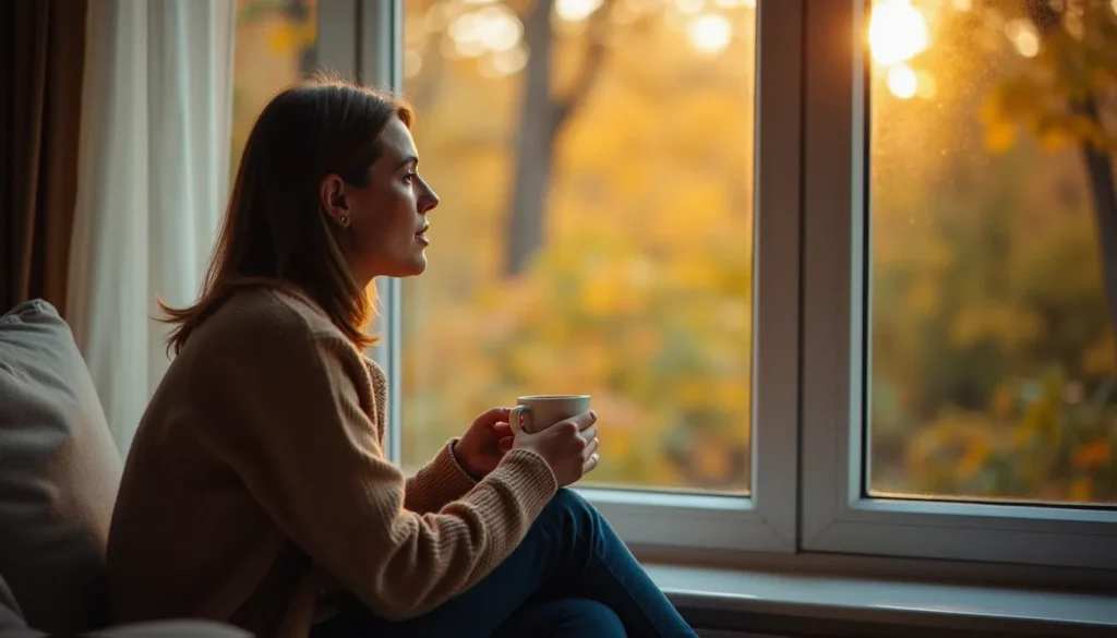 Femme seule devant une fenêtre contemplant le passage du temps, des ans après une expérience difficile