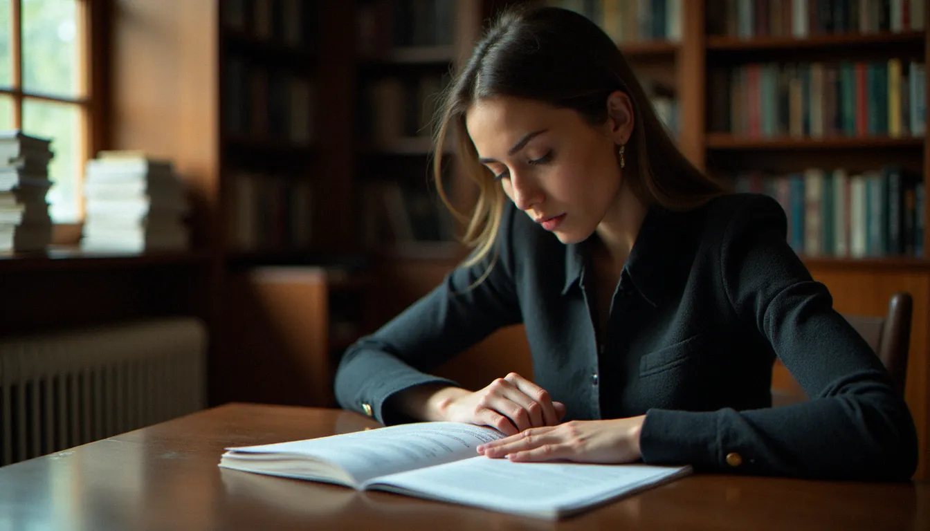 Femme seule dans une bibliothèque, lisant attentivement des documents juridiques sur l'évolution historique des lois relatives à l'avortement