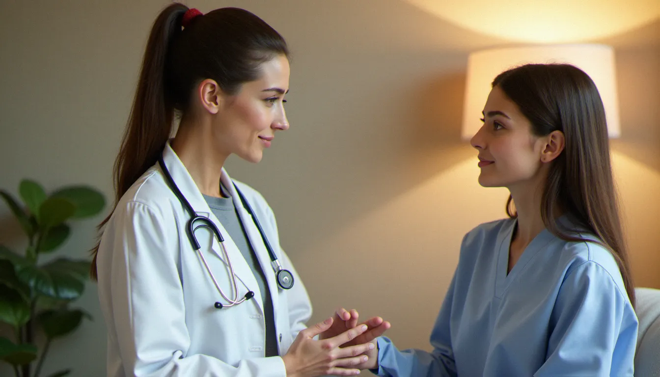 Médecin femme en consultation avec une jeune patiente dans un cabinet médical, illustrant l'accompagnement possible dans un cadre légal après un avortement