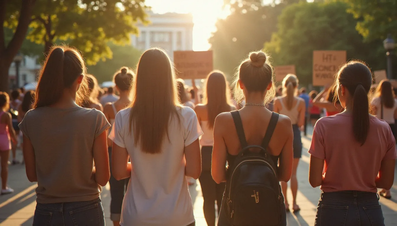 Groupe de femmes de différentes générations rassemblées pacifiquement sur une place publique, évoquant le mouvement des appelants à la légalisation de l'avortement