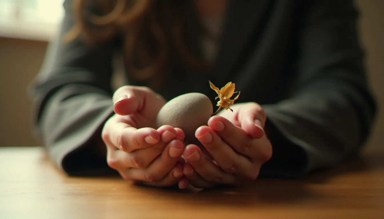 Mains de femme tenant un objet symbolique, évoquant le deuil émotionnel discret vécu après une interruption de grossesse