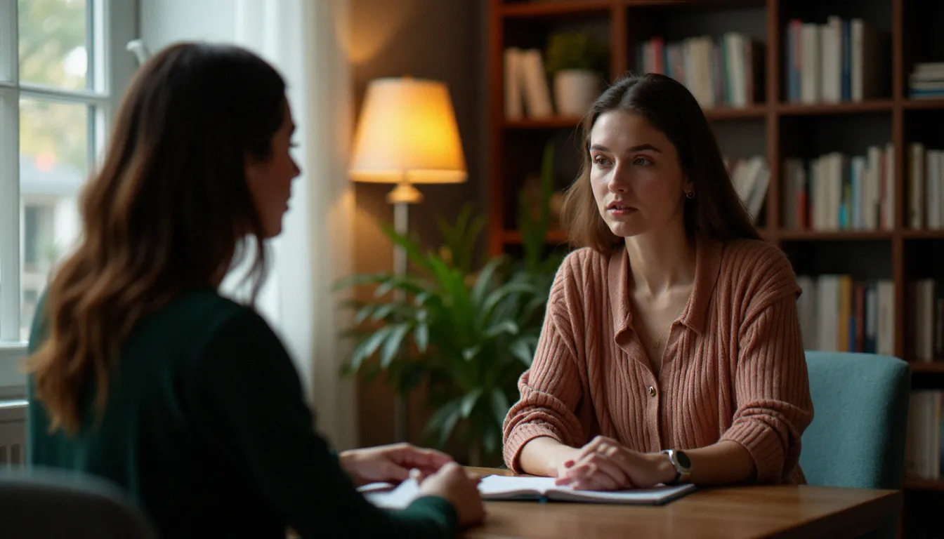 Séance de soutien psychologique entre une femme et une thérapeute, illustrant l'accompagnement possible après loi lors de l'après-avortement