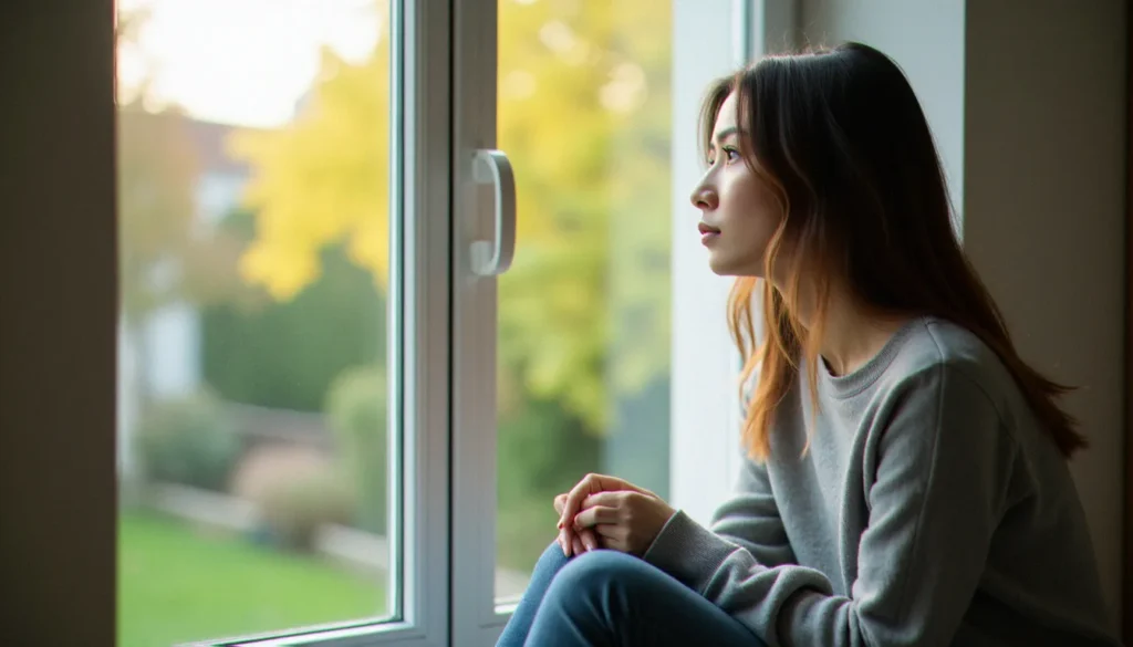 Femme songeuse assise près d'une fenêtre, illustrant la période intérieure silencieuse qui suit un avortement légal, après la loi