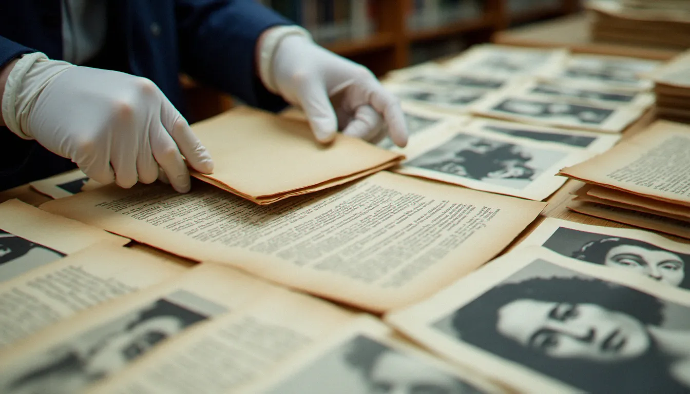Documents féministes des années 1960 et 1970 — tracts, pétitions et photographies — posés sur une table de consultation dans un centre d'archives