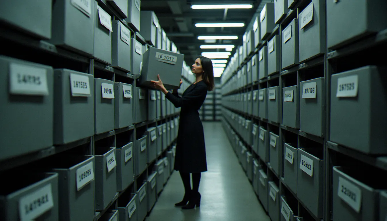 Salle de conservation d'archives féministes avec des rangées de boîtes archivistiques étiquetées sur des étagères métalliques dans une institution française