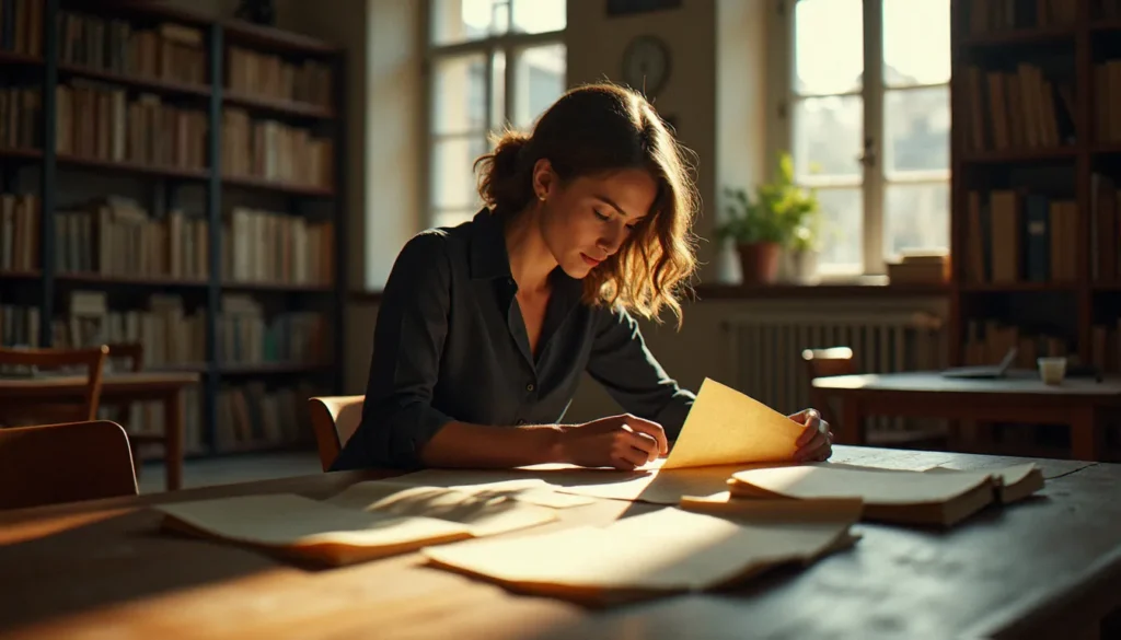 Une femme consultant des archives du féminisme composées de lettres manuscrites et de tracts militants des années 1970 dans une bibliothèque universitaire