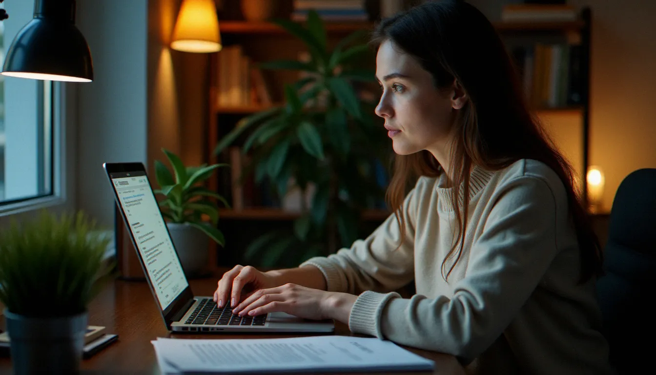 Femme consultant une base de données de publications périodiques sur son ordinateur à domicile, avec un article imprimé et annoté posé à côté du clavier