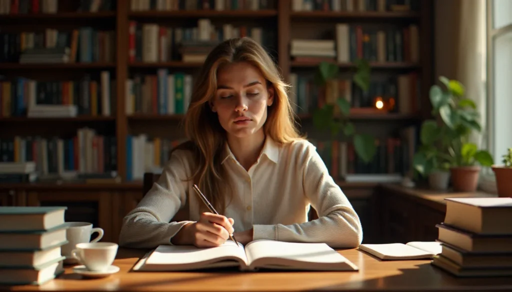 Femme lisant attentivement un article de publication périodique dans une bibliothèque, avec des notes manuscrites et des ouvrages empilés autour d'elle