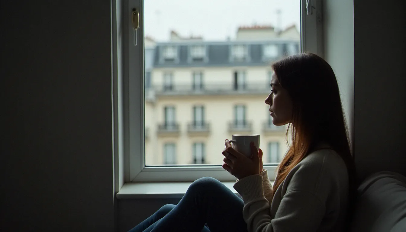 Une femme seule dans un appartement parisien, pensive, regardant par la fenêtre, illustration du vécu intérieur et émotionnel des femmes après un avortement