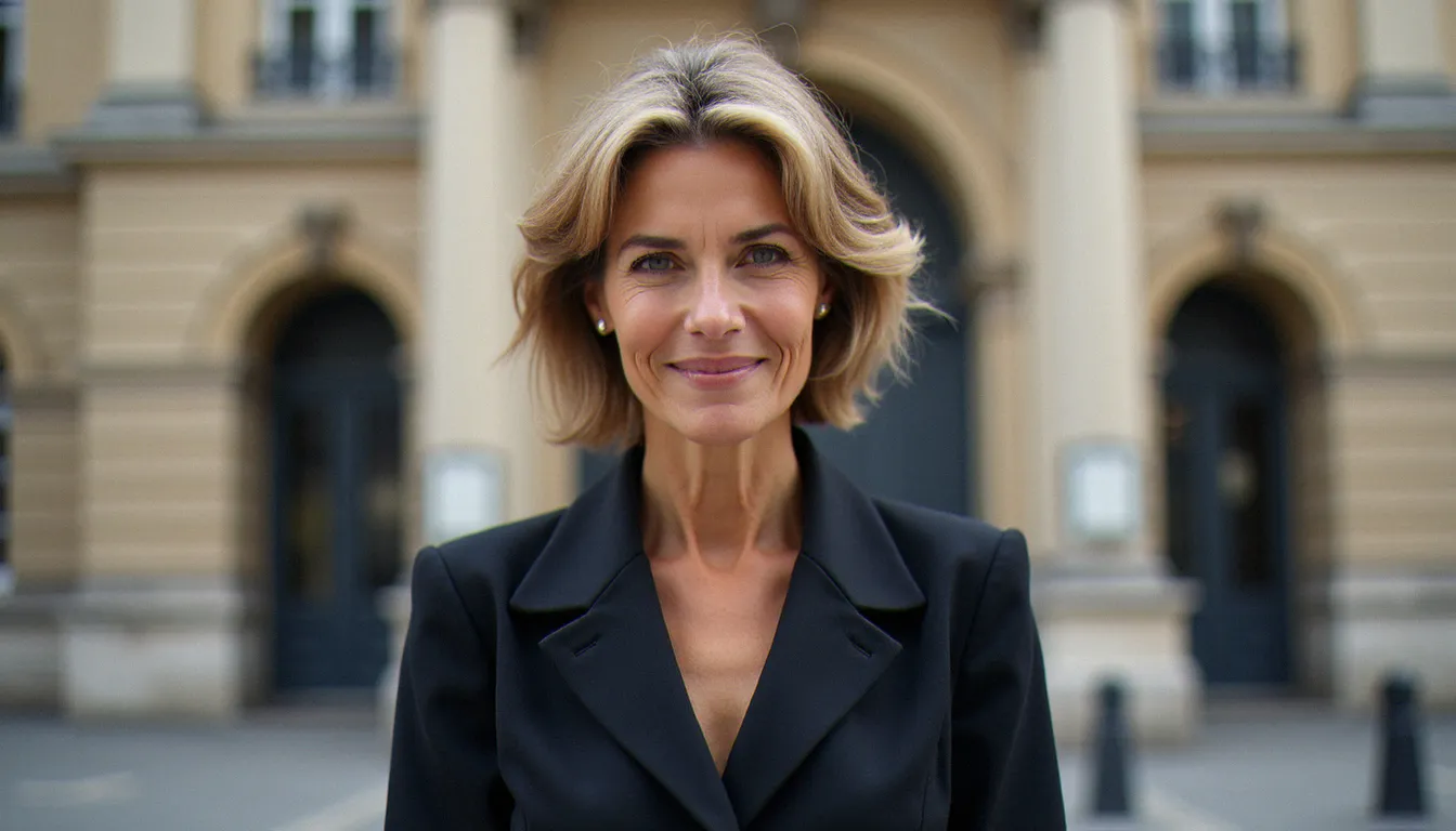 Portrait d'une femme politique française devant un bâtiment institutionnel parisien, illustrant le profil d'Audrey Pulvar, journaliste et élue engagée pour les droits des femmes
