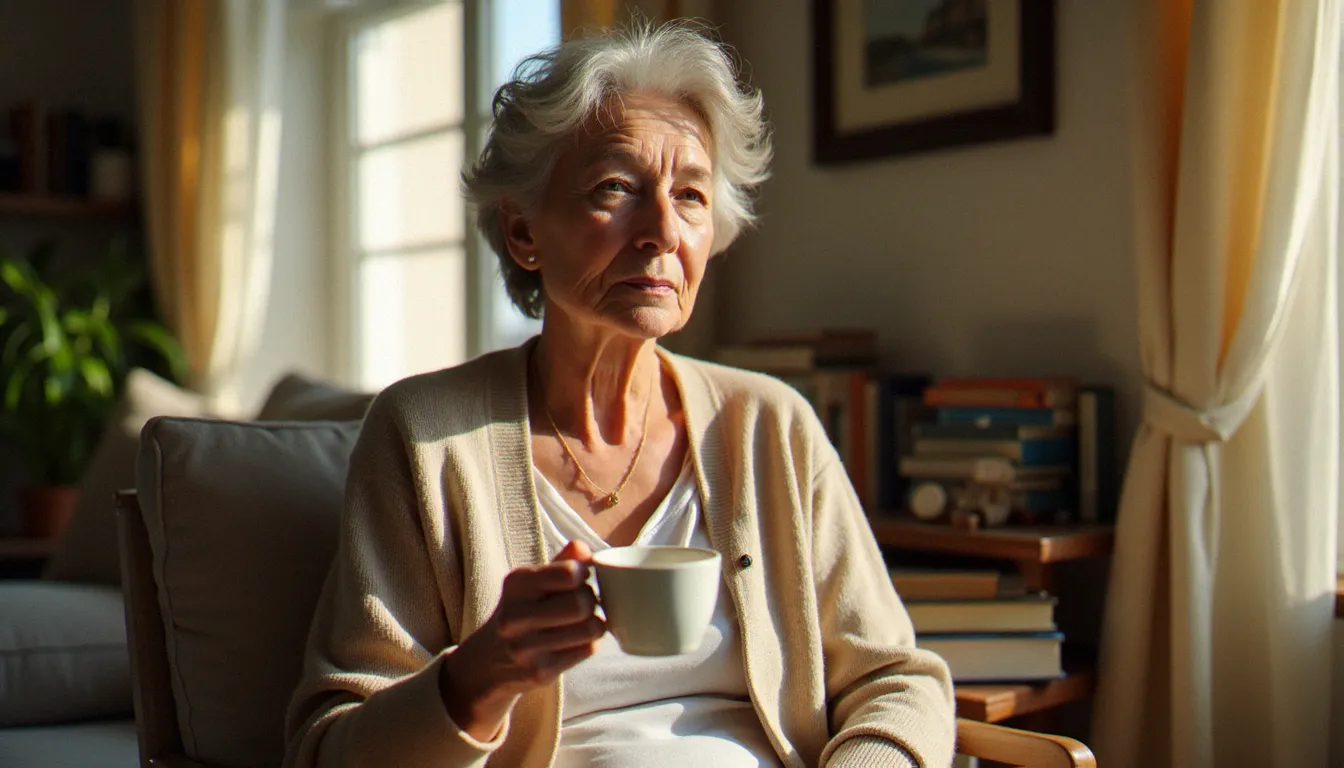 Femme d'âge mûr dans un salon lumineux tenant une tasse de thé, symbolisant la reconstruction intérieure et le deuil discret évoqués dans l'œuvre cinématographique d'Aurélie Saada