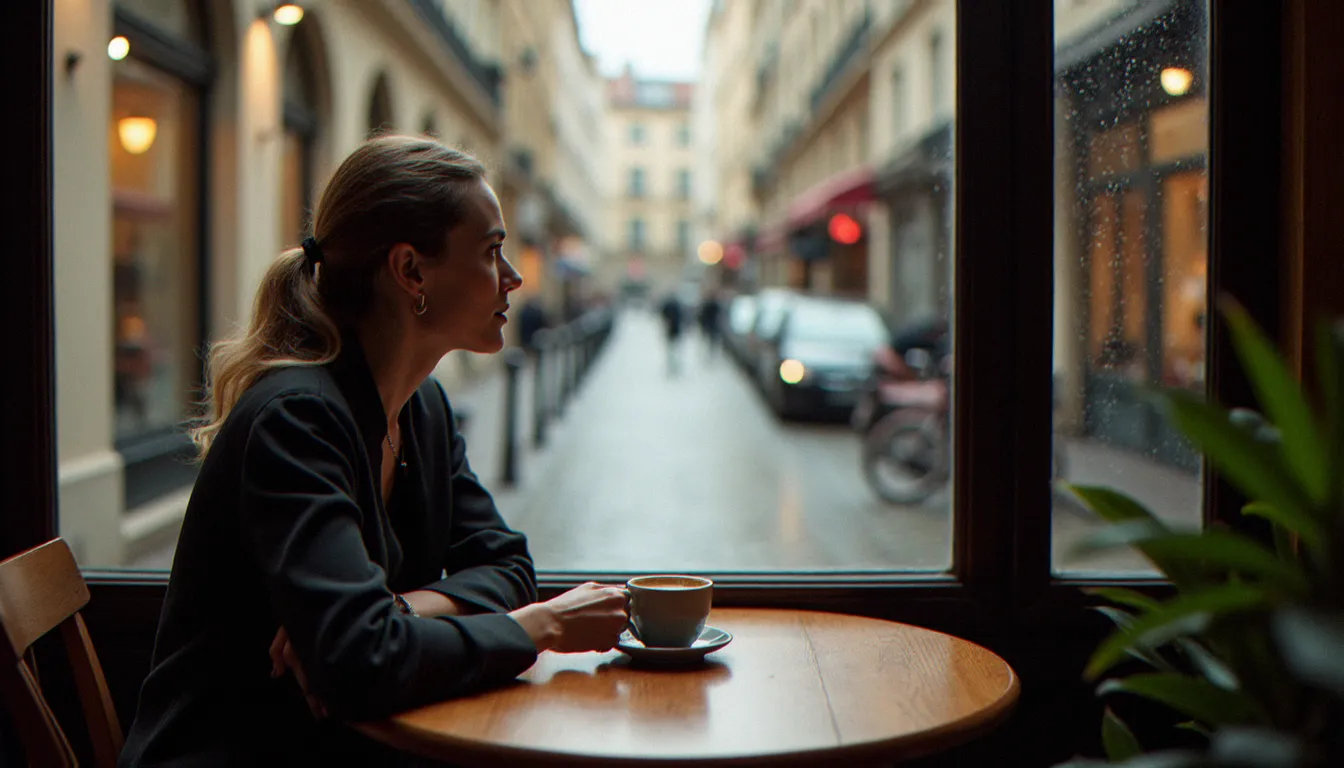 Femme songeuse dans un café de Lyon regardant par la fenêtre, évoquant la réflexion intérieure associée au parcours d'Aurélie Saada et à la reconstruction féminine
