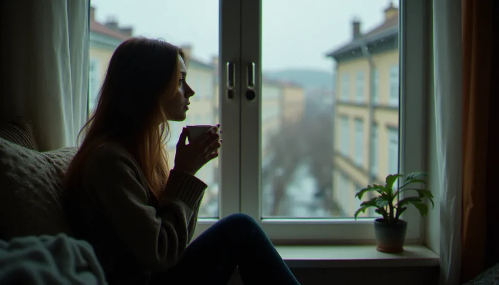 Femme assise seule près d'une fenêtre avec une tasse de thé, regard perdu dans ses pensées après un avortement
