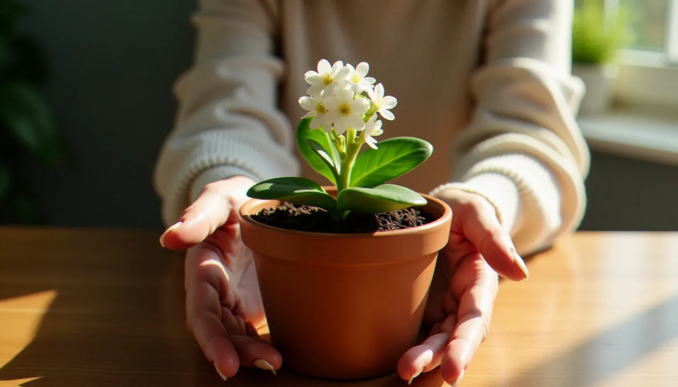 Mains de femme tenant une plante en fleurs, symbole de reconstruction personnelle après un avortement vécu comme une cicatrice intérieure
