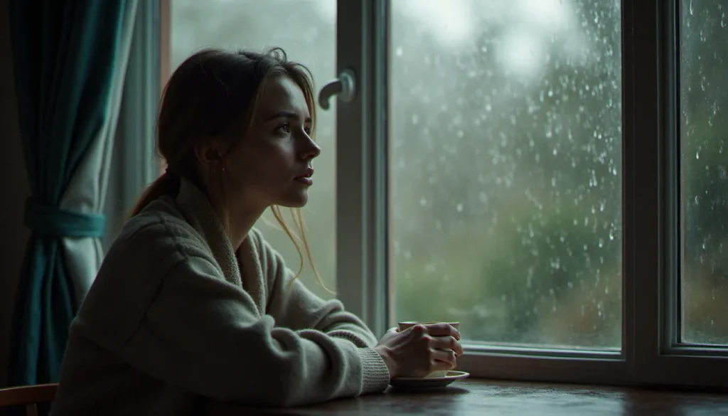 Femme pensive assise près d'une fenêtre sous la pluie, illustrant la solitude émotionnelle que l'avortement est parfois capable de provoquer