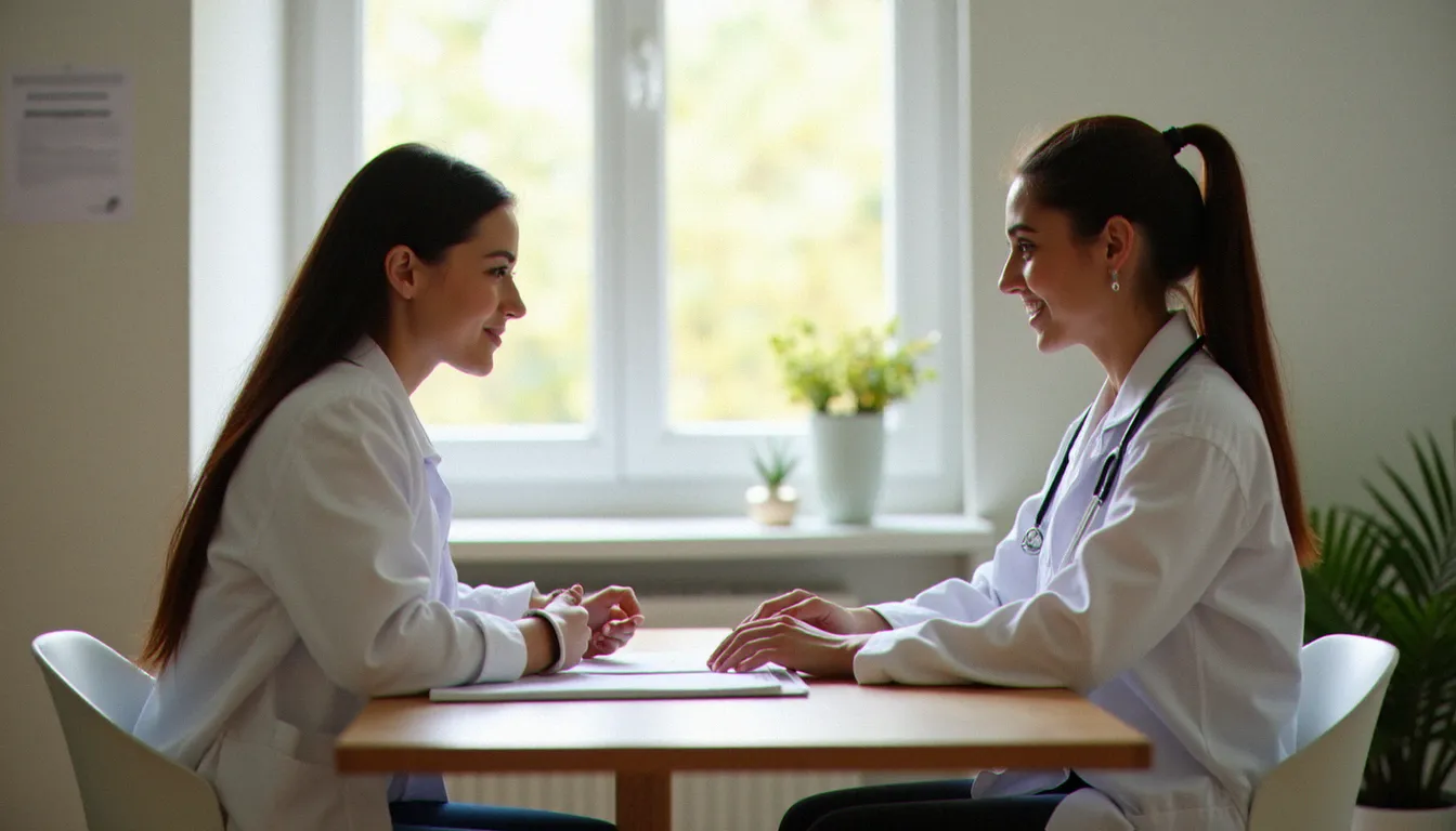 Consultation médicale entre une femme médecin et une patiente dans un cabinet français, dans le cadre d'un suivi IVG