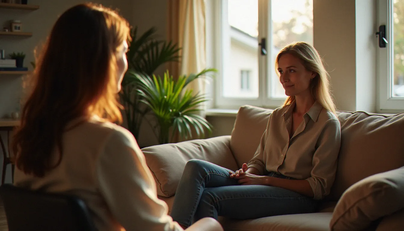 Séance d'accompagnement psychologique entre une thérapeute et une femme, illustrant le soutien émotionnel après un avortement en France