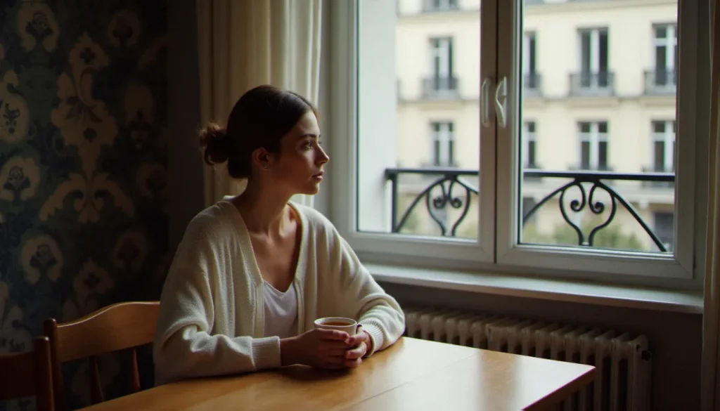 Femme assise seule à une table de cuisine, les mains autour d'une tasse, regardant par la fenêtre — illustration du vécu de l'avortement en France