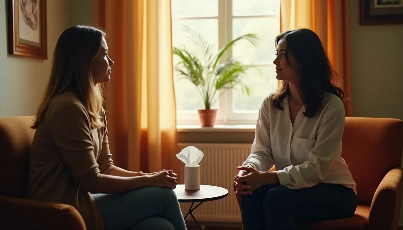 Une femme en séance de soutien psychologique après un avortement thérapeutique, dans un cabinet thérapeutique chaleureux et bienveillant