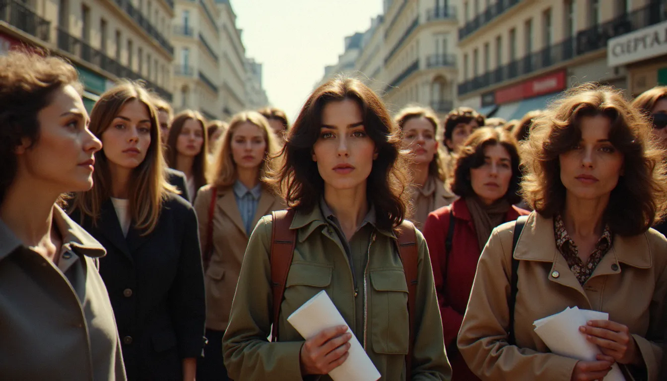 Femmes solidaires dans une rue parisienne des années 1970, évoquant les militantes signataires du manifeste d'avril 1971