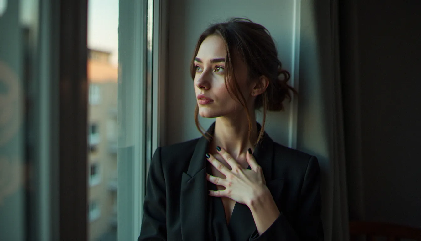 Femme assise seule près d'une fenêtre dans une posture de recueillement, illustrant le vécu émotionnel silencieux après un avortement