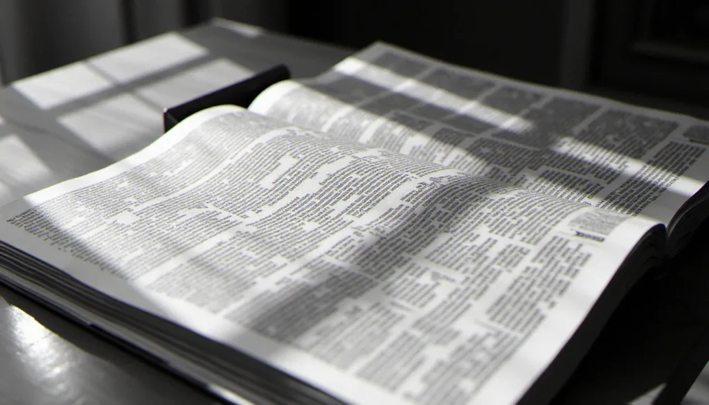 Journal ouvert sur une table en bois évoquant la publication du Manifeste des 343 en avril 1971, en noir et blanc