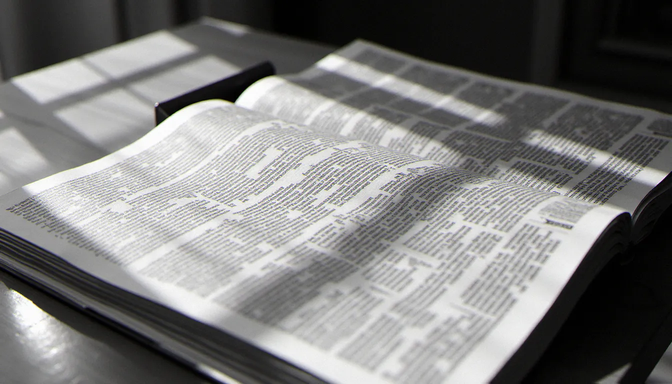Journal ouvert sur une table en bois évoquant la publication du Manifeste des 343 en avril 1971, en noir et blanc