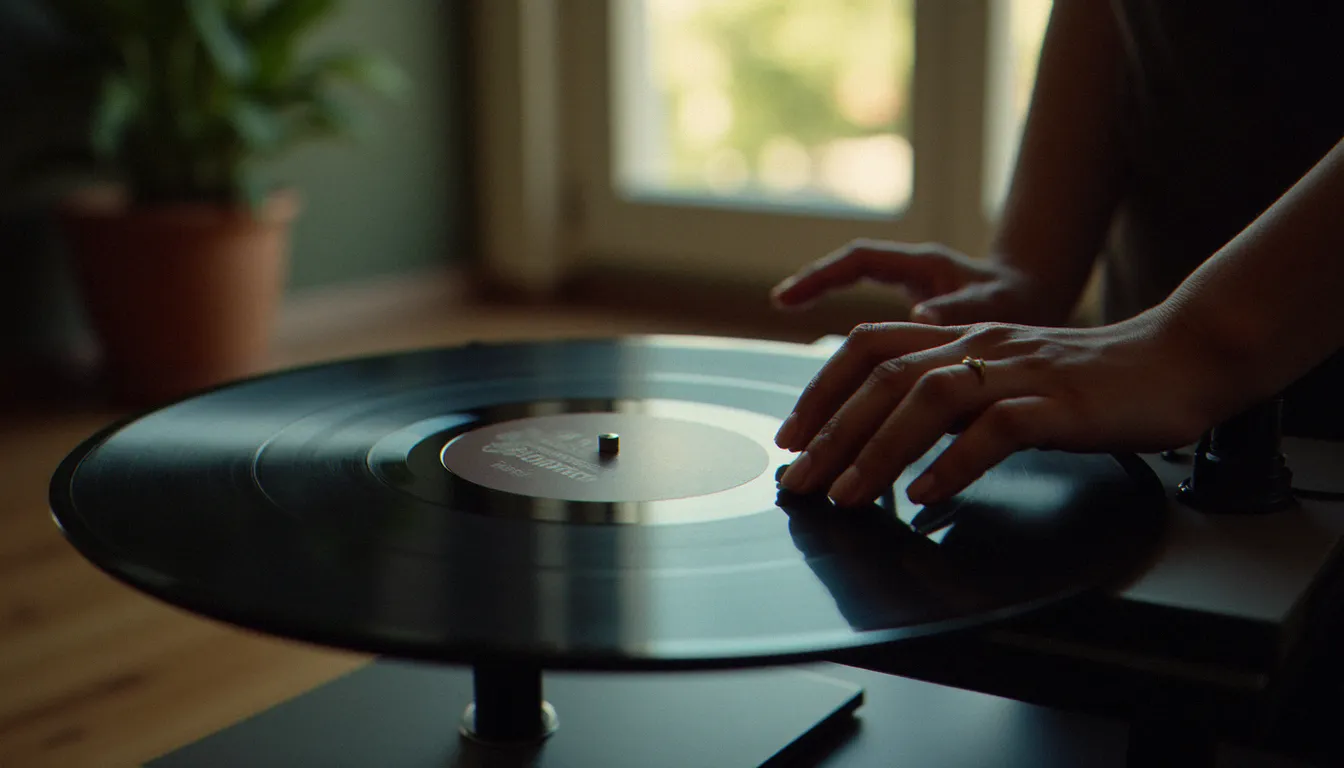 Mains féminines tenant un vinyle dans une pièce tamisée, symbolisant le rapport intime à la musique comme outil de guérison émotionnelle