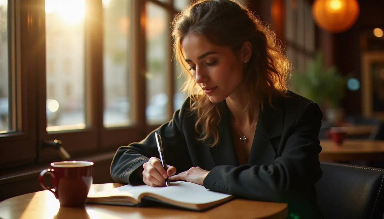 Femme écrivant dans un journal intime dans un café lyonnais à la lumière dorée de l'après-midi, illustrant la journalisation comme pratique thérapeutique associée à l'écoute musicale