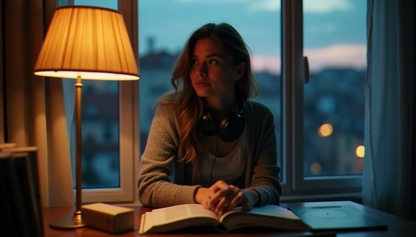 Jeune femme seule près d'une fenêtre au crépuscule écoutant de la musique, évoquant la réflexion intérieure liée à l'univers de Barbara Carlotti