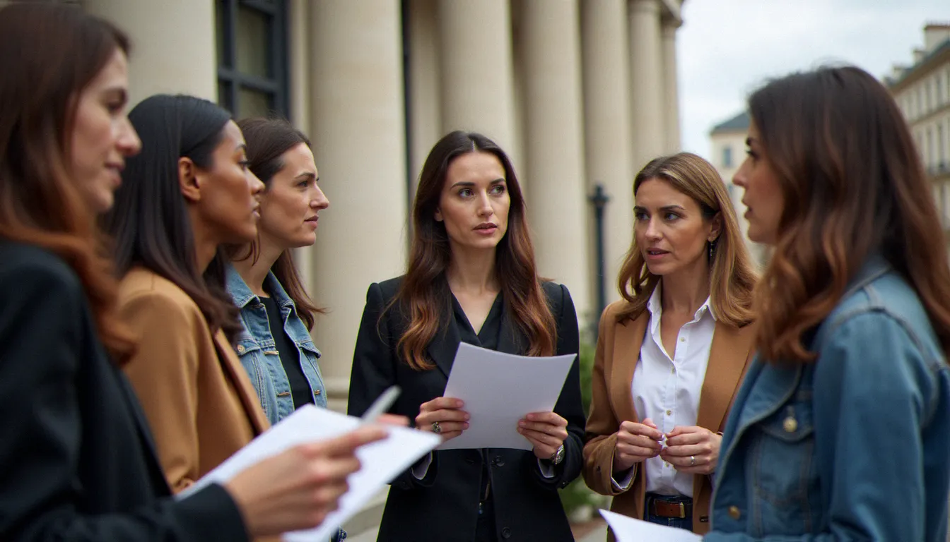 Groupe de femmes françaises diverses réunies devant un bâtiment institutionnel, échangeant sur les droits des femmes, illustration de l'engagement collectif pour les droits reproductifs