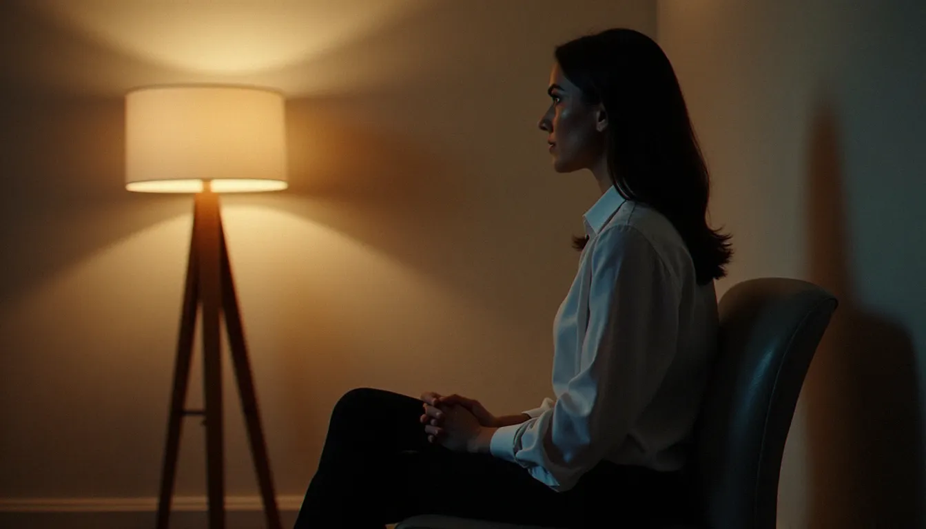 Femme assise seule dans un cabinet de consultation calme et épuré, regard tourné vers la lumière, illustrant la démarche de soutien psychologique après un avortement