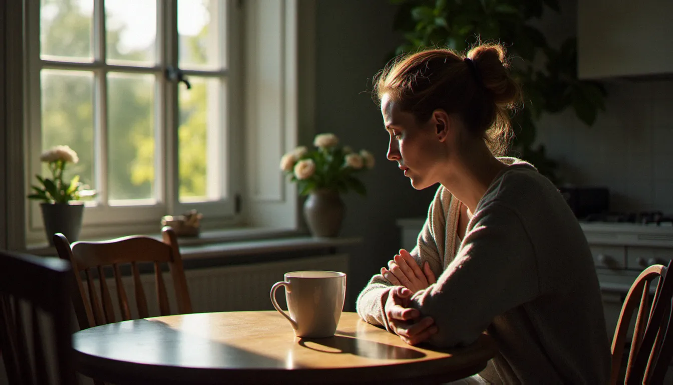 Femme en deuil assise seule dans une cuisine française, regard tourné vers la fenêtre, lumière douce du matin, évoquant la résilience face à la perte