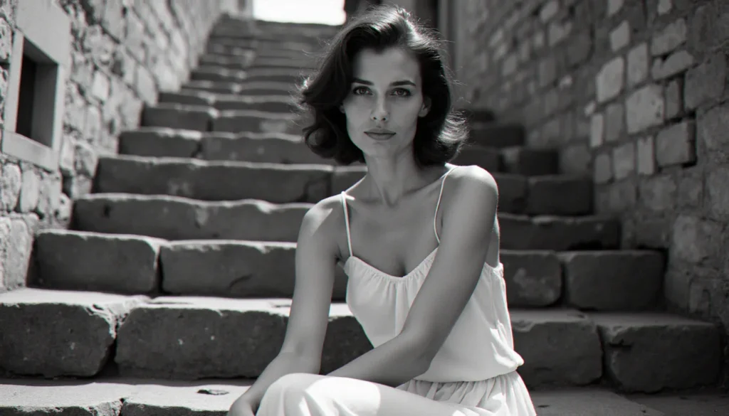 Portrait d'une femme libre des années 1960 dans un village du sud de la France, évoquant l'univers cinématographique de Bernadette Lafont