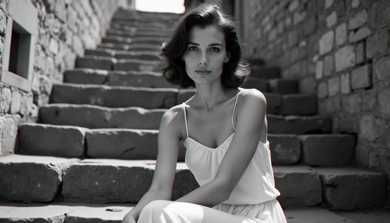 Portrait d'une femme libre des années 1960 dans un village du sud de la France, évoquant l'univers cinématographique de Bernadette Lafont