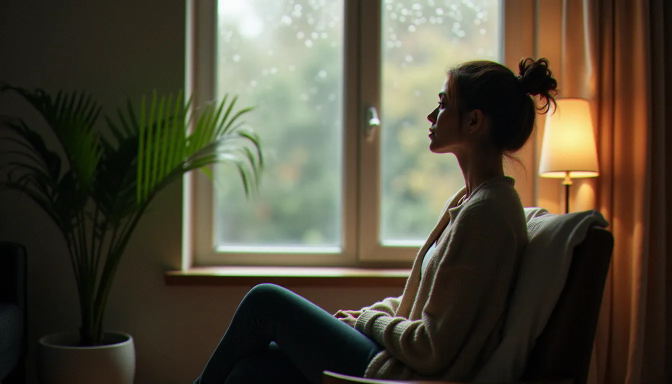 Femme en réflexion dans un espace thérapeutique sécurisé, symbolisant le chemin de reconstruction après un avortement