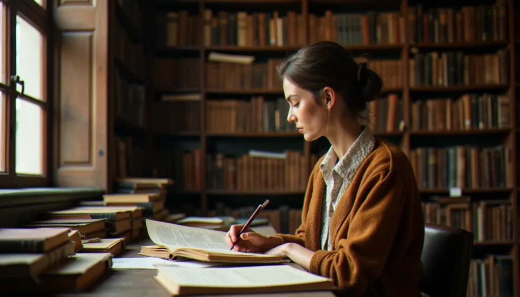 Historienne française consultant des archives universitaires sur l'avortement et la contraception, évoquant les travaux de Bibia Pavard