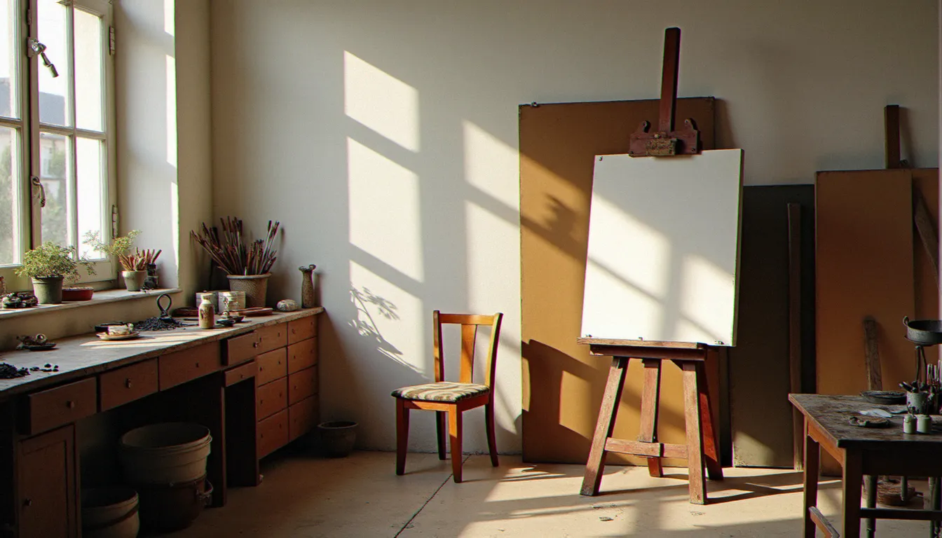 Atelier de peintre parisien des années 1950 avec toiles, pinceaux et tubes de peinture à l'huile dans une lumière d'après-midi, évoquant l'univers de Bona peintre