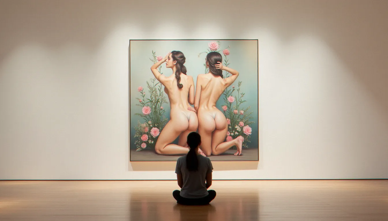 Femme assise seule dans une salle de musée contemplant une grande peinture surréaliste aux formes féminines végétales, illustration de la résonance émotionnelle de l'art de Bona peintre