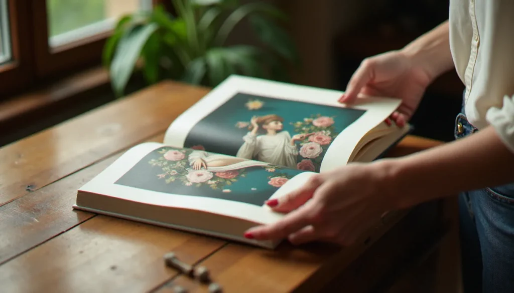 Mains tenant un livre d'art ouvert sur une peinture surréaliste évoquant l'œuvre de Bona peintre avec des motifs féminins et floraux